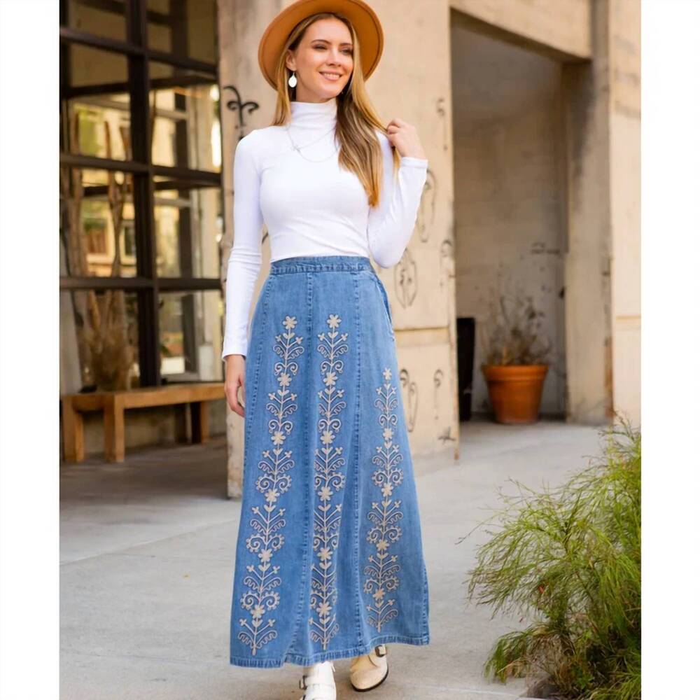 NEW YOUNG THREADS a-line high waist hand embroidery denim western skirt in blue - Picture 1 of 2